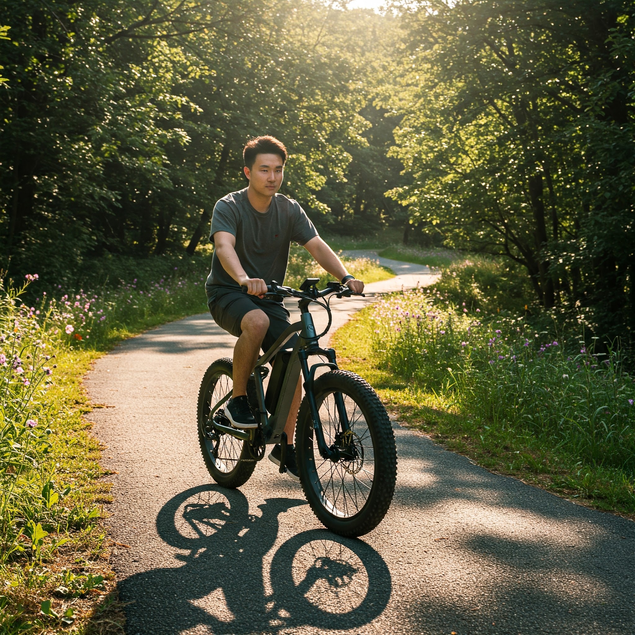 A powerful electric bicycle with thick tires, parked on a scenic trail. The bicycle has a large frame and powerful motor, perfect for off-road adventures. giant ebike