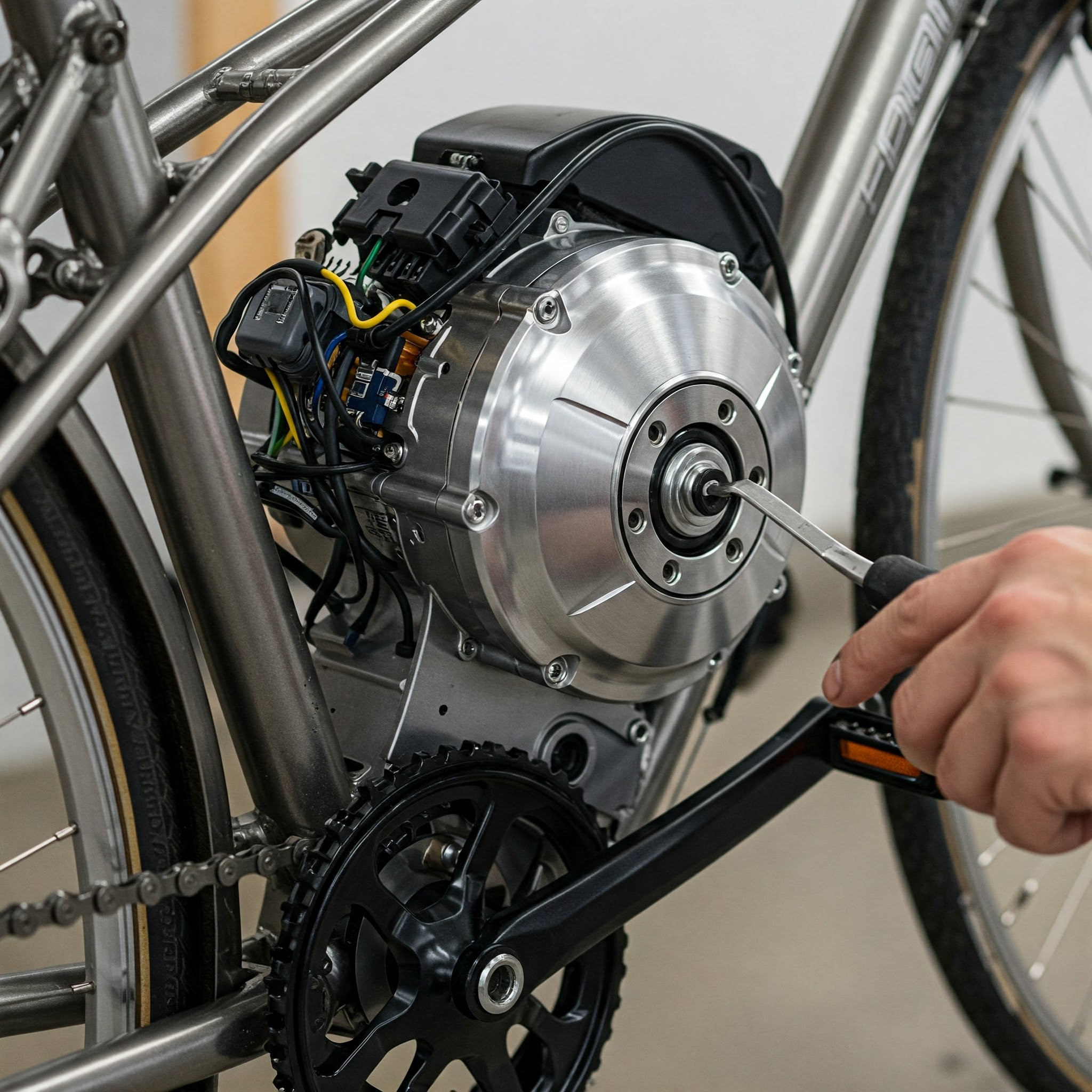 "Close-up view of a Mid Drive Ebike Kit being installed on a bicycle frame, highlighting the motor and components."
