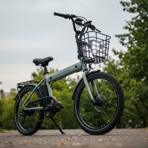 Illustration featuring a mini ebike with common accessories like a front basket and integrated lights.