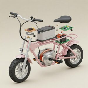 Exploded view illustration highlighting the key components of a mini ebike, such as the battery and motor.
