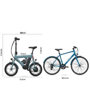 Technical illustration showing the dimensions of a mini ebike and a size comparison to a standard bicycle.