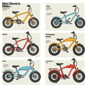 Illustration showcasing various mini ebike styles, including step-through and fat tire models.