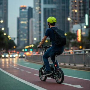 Illustration of a person commuting in a city using a compact mini ebike on a bike path.