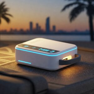 Close-up illustration of a compact and portable ebike battery chargers, ideal for travel.