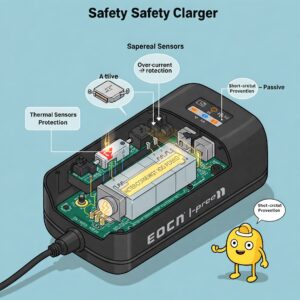 Illustration emphasizing the safety features incorporated in a modern ebike battery chargers.