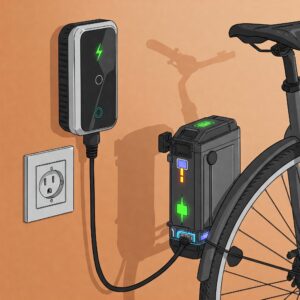 Illustration showing a wall-mounted ebike battery chargers connected to an electric bicycle battery.