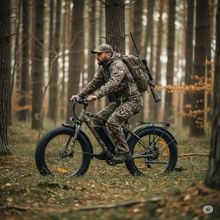 Hunter riding a camouflage electric fat tire bike through a forest, ideal for quiet and efficient best ebike for hunting expeditions.
