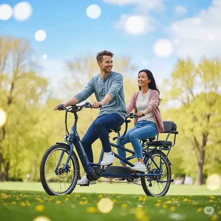 A happy couple riding a stylish 2 seater electric bike through a park, showcasing its comfort and practical design for two passengers.