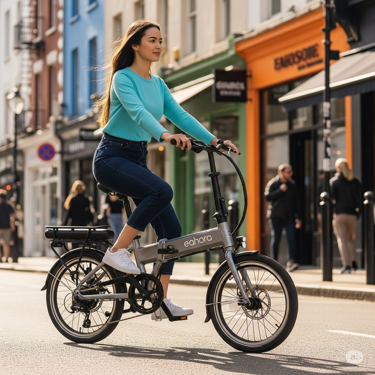 Eahora e-bike being ridden through a vibrant city street, showcasing its sleek design and portability for urban commutes.