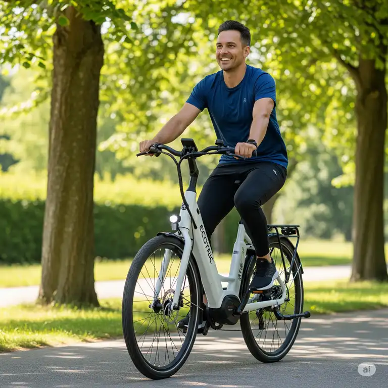 A person happily riding an ecotric e bikes on a paved path with trees in the background, showcasing the bike's design and ease of use.