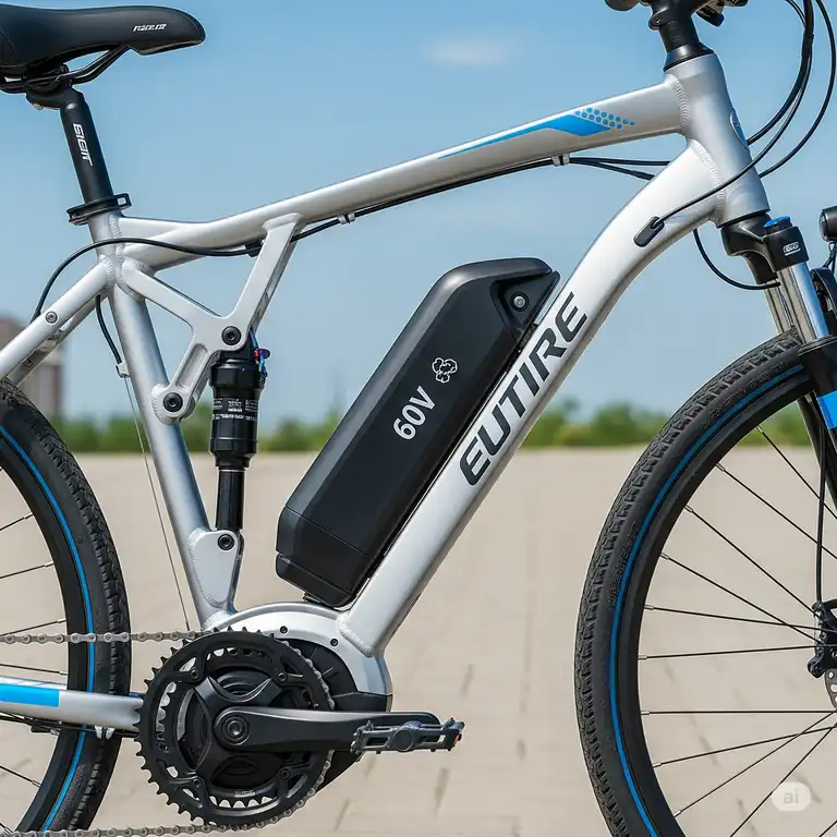 A high-capacity 60v ebike battery pack mounted on a sleek electric bicycle frame, emphasizing its integration and power for extended rides.
