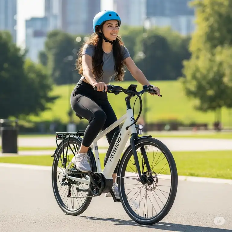 A rider enjoying a smooth journey on a Freego e bike, showcasing its comfortable design and ease of use for urban commuting and leisure rides.