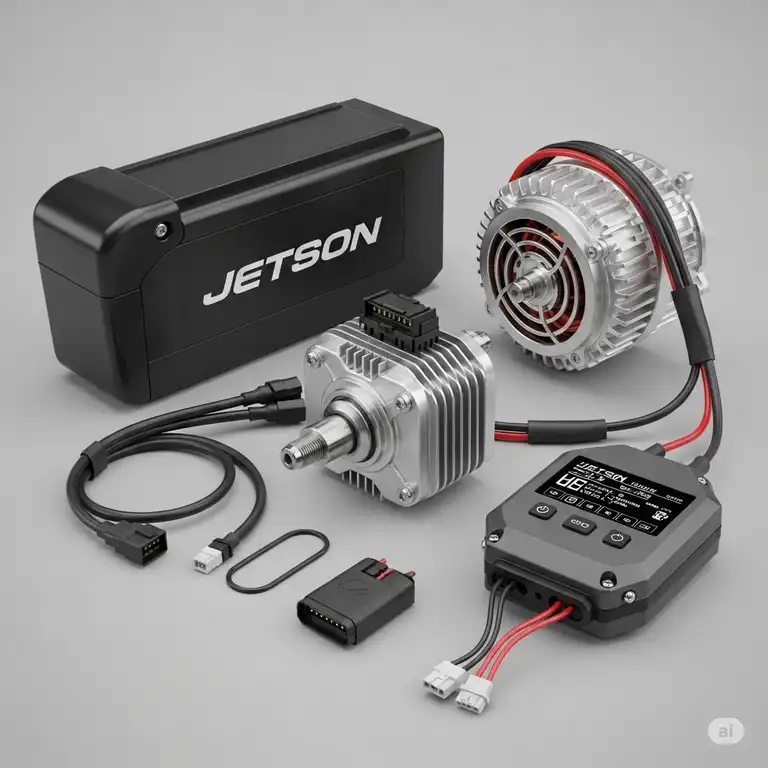 Close-up view of various **Jetson e-bike parts** laid out, including the battery, motor, and controller, highlighting components essential for maintenance and upgrades.