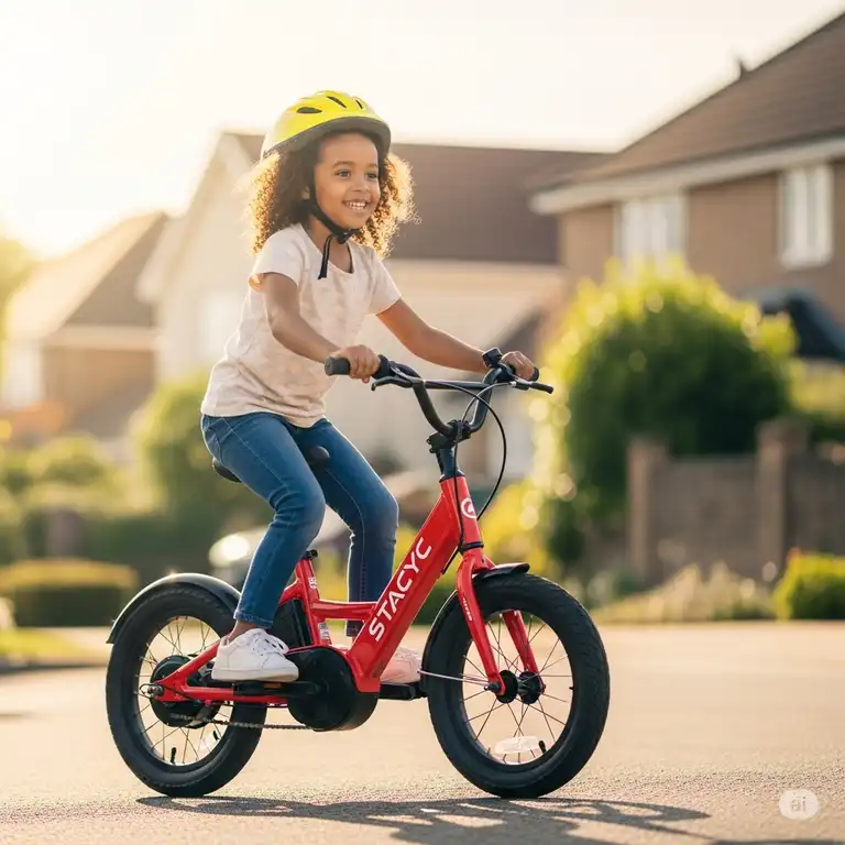 A happy child riding a Stacyc e bike with a big smile, demonstrating the joy and ease of these electric balance bikes for young riders."