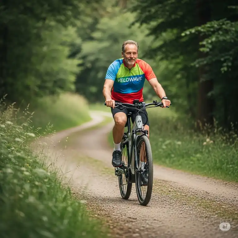 Man riding a velowave e-bike on a scenic trail, highlighting its powerful motor and comfortable design.