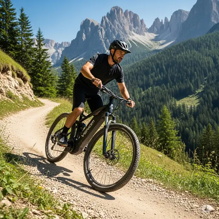 Man riding a black venom ebike on a scenic mountain trail, showcasing its power and off-road capability.