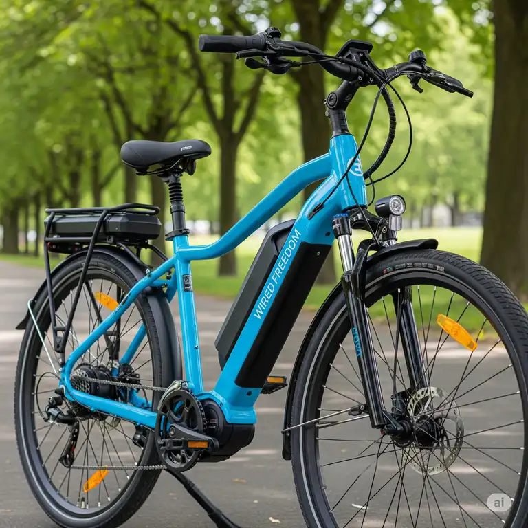 Wired Freedom ebike parked outdoors, showcasing its sleek design and comfortable saddle, perfect for urban commutes and adventurous rides.