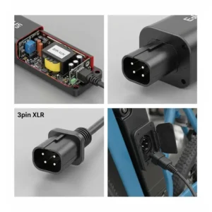 "Multiple perspectives showing the design of a 3 pin xlr e bike charger."