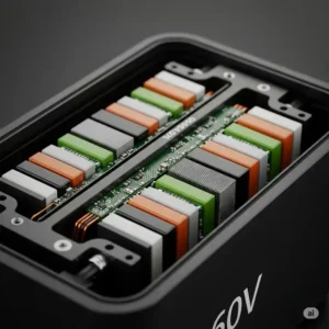 Detailed view of individual lithium-ion cells inside a 60v ebike battery, showcasing the internal components responsible for power delivery.
