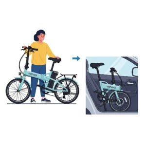 Illustration demonstrating the quick and easy folding mechanism of the Eahora e-bike, highlighting its compact storage and transport capabilities.