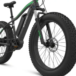 Close-up illustration of an ecotric e bikes fat tire model, highlighting its rugged tires and front suspension for off-road adventures.