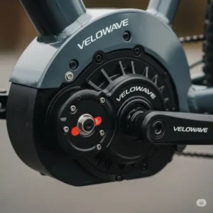 Close-up view of the robust motor on a velowave e-bike, emphasizing its performance capabilities.