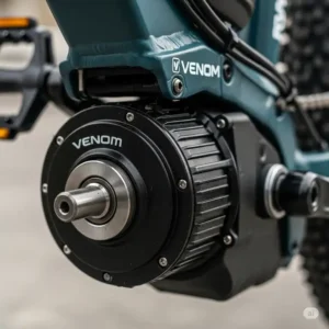 Close-up view of the powerful motor on a venom ebike, highlighting its robust construction and efficient design.
