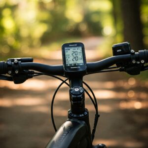 Handlebar display and controls of a 24 inch e bike, showing speed and assistance levels.