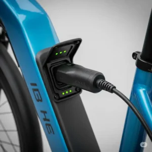 "E-bike being charged with a 3 pin xlr e bike charger connected."