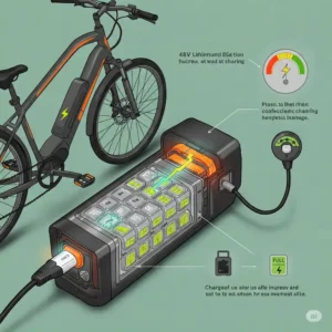 Illustration depicting the process of charging a forty8v lithium ion battery ebike for an electric bicycle.