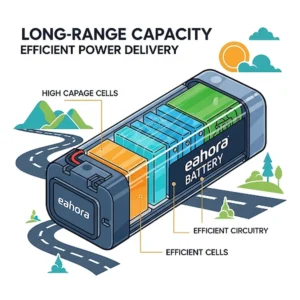 Graphic illustration of an Eahora e-bike battery, emphasizing its long-range capacity and efficient power delivery for extended rides.