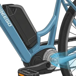 Close-up illustration of a Freego e-bike's integrated battery and powerful motor, emphasizing long-lasting performance and reliable electric assistance.