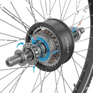 Detailed illustration of a **Jetson e-bike** hub motor, emphasizing its integration into the wheel, a key component for propulsion.
