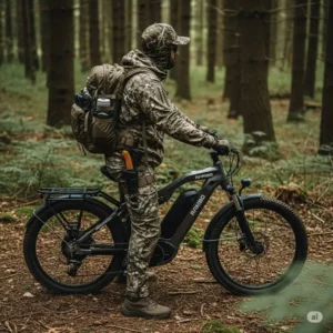 Hunter with essential gear on a Rambo e-bike, ready for silent and efficient transport.