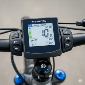 Clear digital display and control panel on the Wired Freedom ebike handlebars, showing speed, battery level, and ride mode options.