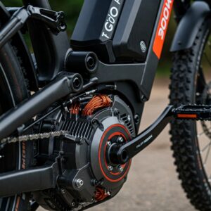 Close-up of the robust motor powering this 3000w ebike.