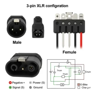 "Detailed diagram illustrating the pinout of a 3 pin xlr e bike charger connector."