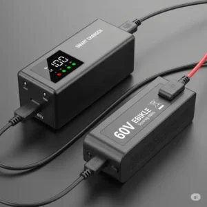 A smart charger specifically designed for a 60v ebike battery, demonstrating the correct charging equipment for optimal performance.