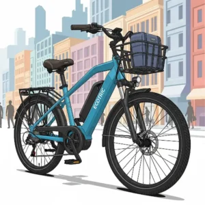 Graphic representation of an ecotric e bikes city commuter model, featuring a comfortable saddle and practical basket, ideal for urban rides.