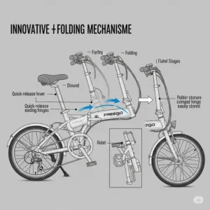 Diagram illustrating the simple and efficient folding mechanism of a Freego e-bike, ideal for easy storage and portability.