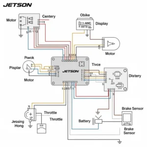 Diagram of a **Jetson e-bike** controller unit, illustrating its various wire connections and central role in managing power to other parts.