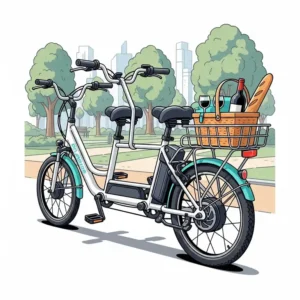 Illustration showcasing integrated storage solutions, like a rear rack or basket, on a 2 seater electric bike for carrying essentials.