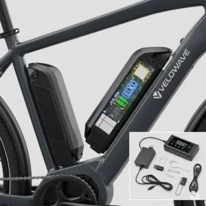 Detailed shot of the advanced suspension system on a velowave e-bike, ensuring a smooth ride on varied terrain.