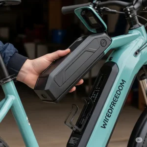 Long-range battery pack of the Wired Freedom ebike, designed for easy removal and convenient charging, extending your adventure.