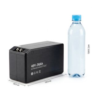 Size comparison of a 48v 30ah e-bike battery next to a water bottle for scale.