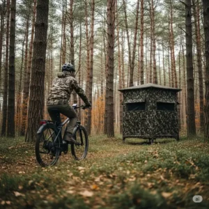 Hunter silently approaching a camouflage hunting blind on a quiet best ebike for hunting, minimizing disturbance to wildlife.