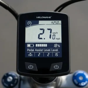 Digital display screen of a velowave e-bike, showing speed, battery life, and pedal assist levels.