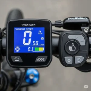 User-friendly digital display and controls on a venom ebike handlebar, showing speed, battery life, and assist levels.