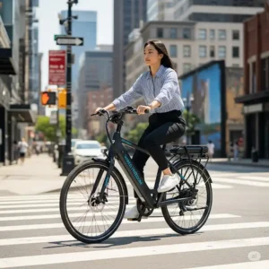 Rider confidently navigating city streets on a Wired Freedom ebike, demonstrating its agility and comfort for daily commutes.