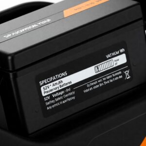 Specifications label showing details of a 52v ebike battery.